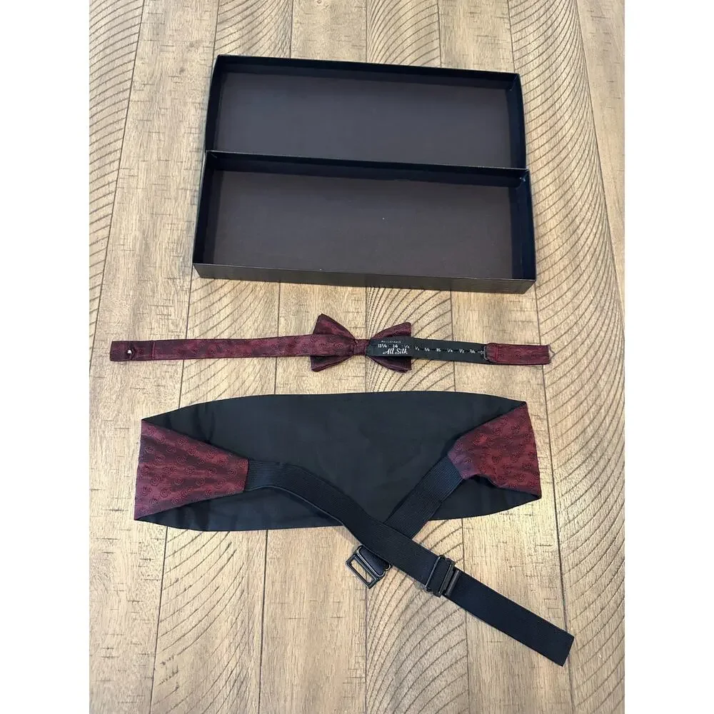 J.S.A. Bank Men's Burgundy Rose Jacquard Silk Cummerbund & Bow Tie Set In Box OS